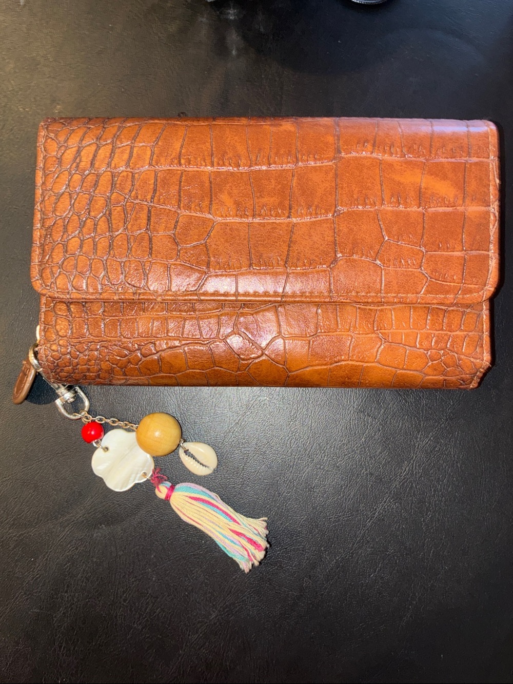 Mundi Safe Keeper RFID Brown Croc Embossed Organizer Wallet with Tassel